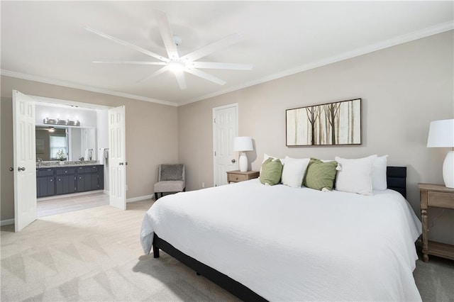 4497 Windsor Oaks Dr, Marietta, GA 30066 - bedroom featuring crown molding, light colored carpet, connected bathroom, and ceiling fan