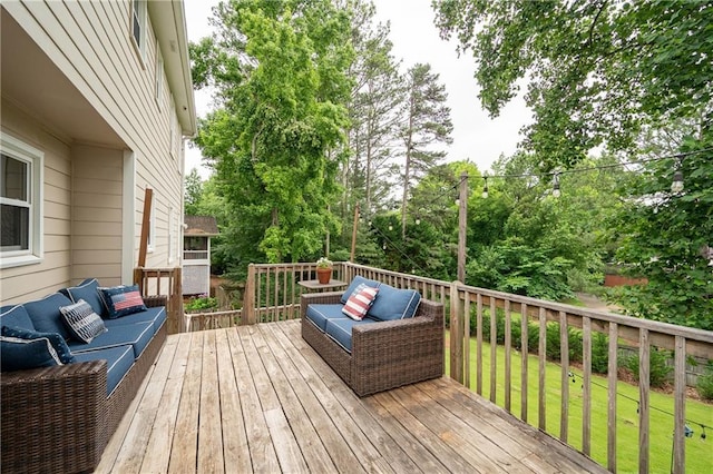 4497 Windsor Oaks Dr, Marietta, GA 30066 - deck with an outdoor living space, a lawn, and view of wooded area