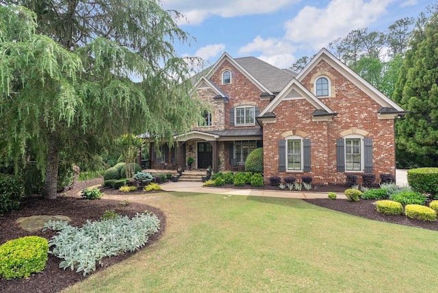 craftsman inspired home with a porch, brick siding, a standing seam roof, and a front lawn