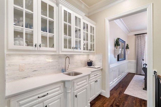 bar featuring tasteful backsplash, dark wood finished floors, a sink, a wainscoted wall, and ornamental molding