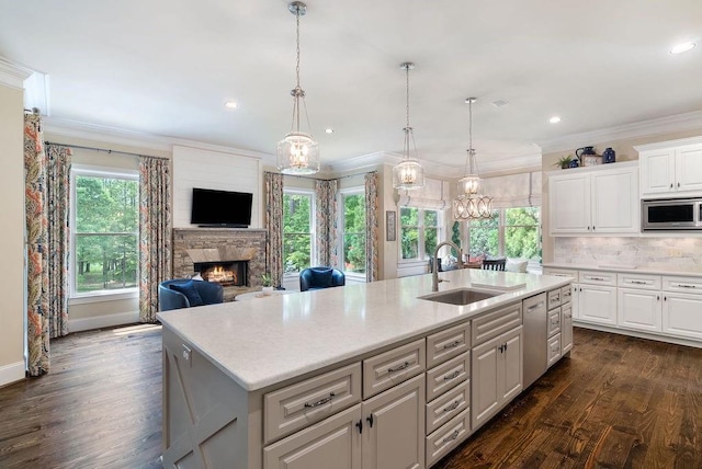 kitchen featuring crown molding, appliances with stainless steel finishes, a sink, a fireplace, and dark wood-type flooring