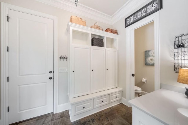 mudroom featuring crown molding, stone finish flooring, and baseboards
