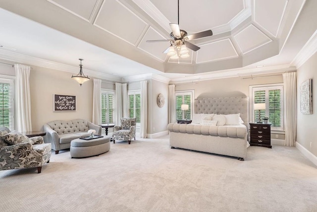 bedroom with crown molding, baseboards, and carpet floors