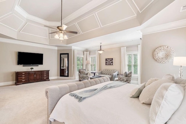 bedroom with crown molding, light colored carpet, a ceiling fan, baseboards, and visible vents