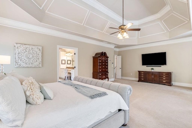bedroom featuring baseboards, light carpet, and ornamental molding