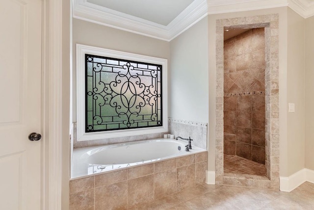 full bath with crown molding, tile patterned flooring, a shower stall, and a garden tub
