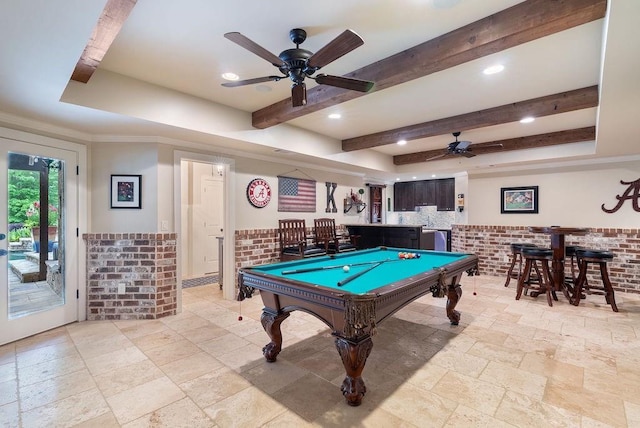playroom with a dry bar, stone tile floors, a ceiling fan, recessed lighting, and billiards