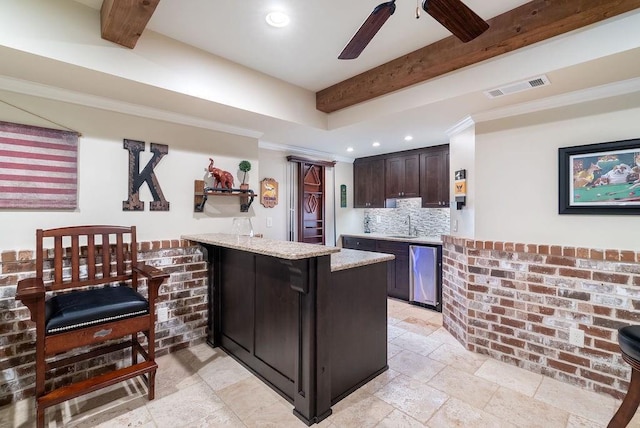 bar featuring recessed lighting, wet bar, visible vents, and beam ceiling