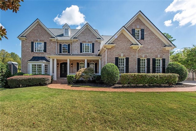 view of front facade with a front lawn and covered porch