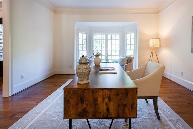 office space featuring hardwood / wood-style flooring and crown molding