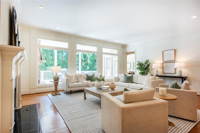 living room featuring wood-type flooring and ornamental molding