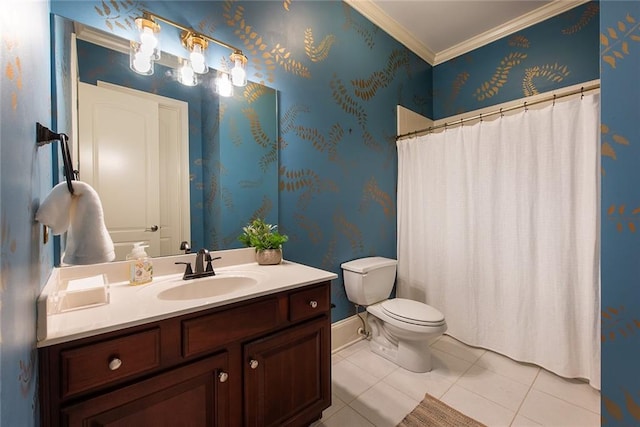 bathroom featuring ornamental molding, vanity, a shower with shower curtain, tile patterned flooring, and toilet