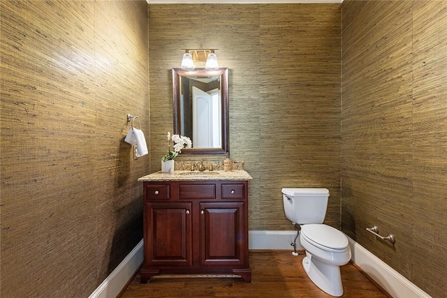 bathroom with hardwood / wood-style floors, vanity, and toilet