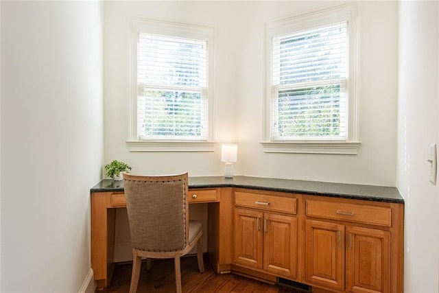 office space with built in desk and dark hardwood / wood-style floors