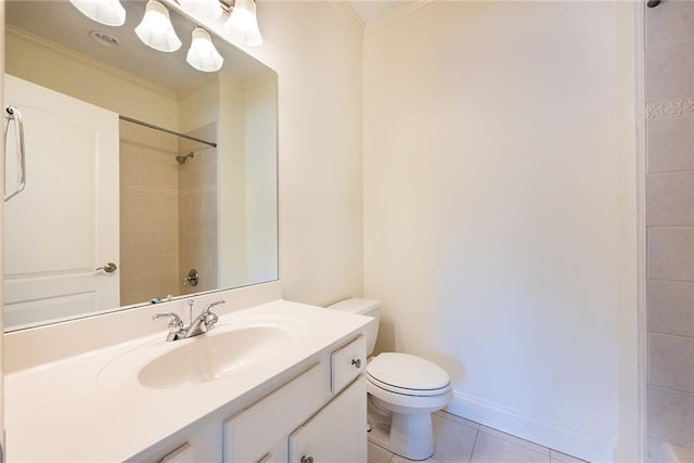 bathroom featuring tiled shower, crown molding, vanity, tile patterned flooring, and toilet