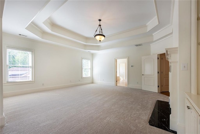 carpeted spare room with ornamental molding, a tray ceiling, and a healthy amount of sunlight