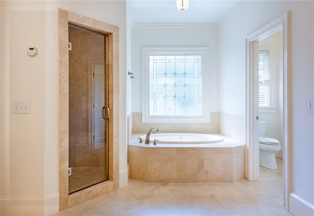 bathroom featuring tile patterned flooring, toilet, separate shower and tub, and ornamental molding