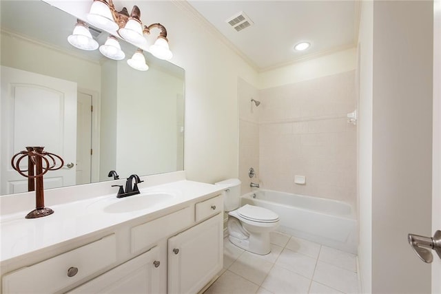 full bathroom with toilet, tile patterned floors, tiled shower / bath, ornamental molding, and vanity