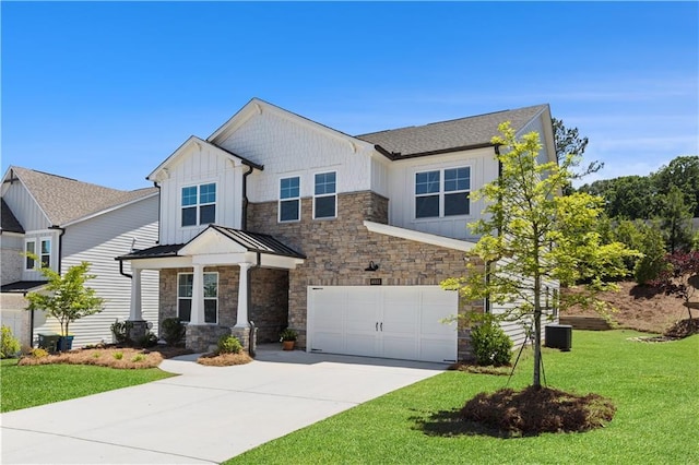 4011 Fallen Leaf Ct, Kennesaw, GA 30152 - craftsman house with board and batten siding, concrete driveway, a garage, stone siding, and a front yard
