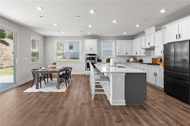 4011 Fallen Leaf Ct, Kennesaw, GA 30152 - kitchen featuring appliances with stainless steel finishes, under cabinet range hood, a center island with sink, white cabinets, and recessed lighting