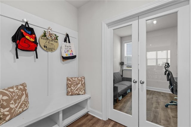 4011 Fallen Leaf Ct, Kennesaw, GA 30152 - mudroom featuring dark wood-type flooring, french doors, and baseboards