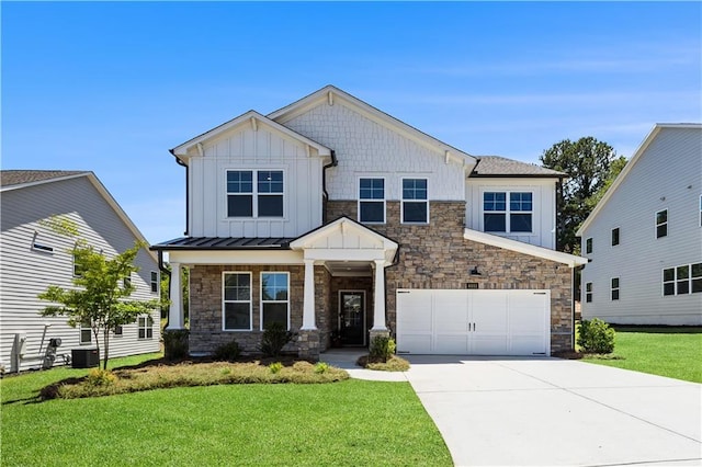 4011 Fallen Leaf Ct, Kennesaw, GA 30152 - craftsman inspired home with board and batten siding, stone siding, concrete driveway, a front yard, and a garage