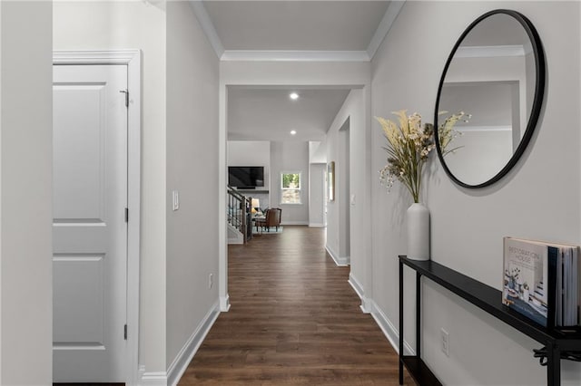 4011 Fallen Leaf Ct, Kennesaw, GA 30152 - hallway featuring dark wood-type flooring, stairway, baseboards, crown molding, and recessed lighting