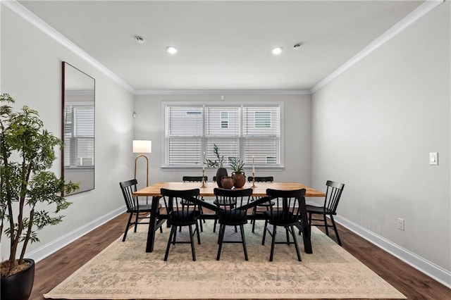 4011 Fallen Leaf Ct, Kennesaw, GA 30152 - dining area featuring ornamental molding, baseboards, dark wood-style flooring, and recessed lighting
