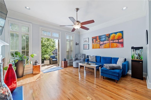 2380 Crescent Park Ct Unit 4, Atlanta, GA 30339 - living area featuring light wood-type flooring, ceiling fan, ornamental molding, and recessed lighting