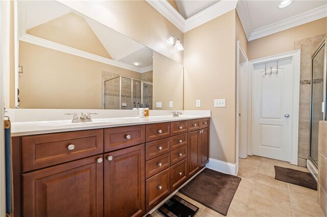 2380 Crescent Park Ct Unit 4, Atlanta, GA 30339 - full bath with a shower stall, double vanity, ornamental molding, tile patterned flooring, and baseboards