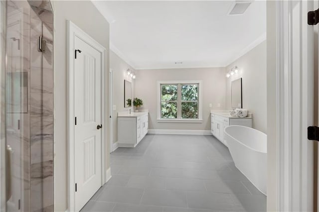 bathroom featuring vanity, crown molding, and separate shower and tub