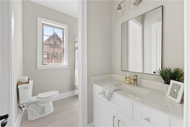 bathroom with vanity, hardwood / wood-style flooring, and toilet