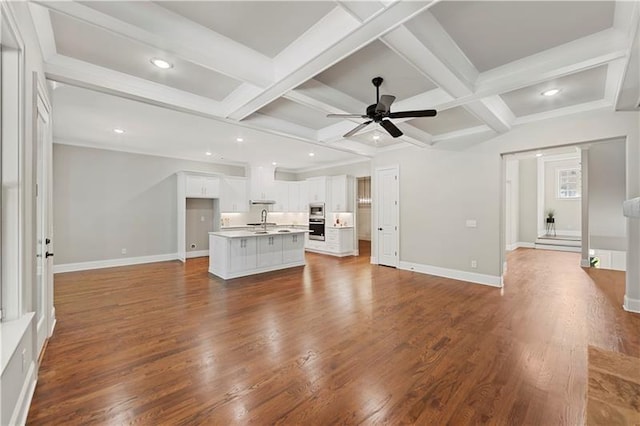 unfurnished living room with dark wood-type flooring, ceiling fan, coffered ceiling, and sink