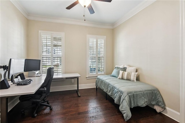 673 Dunbrody Dr, Milton, GA 30004 - bedroom with an office area, crown molding, dark wood finished floors, baseboards, and a ceiling fan