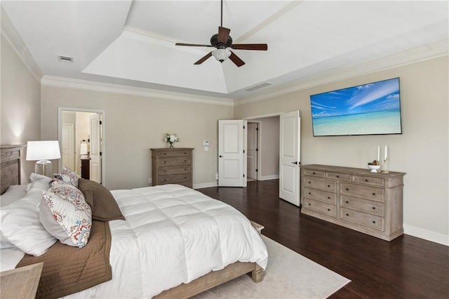 673 Dunbrody Dr, Milton, GA 30004 - bedroom featuring a raised ceiling, dark wood finished floors, crown molding, baseboards, and ceiling fan