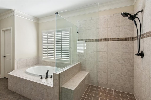 673 Dunbrody Dr, Milton, GA 30004 - bathroom featuring a bath, a tile shower, tile patterned floors, and crown molding