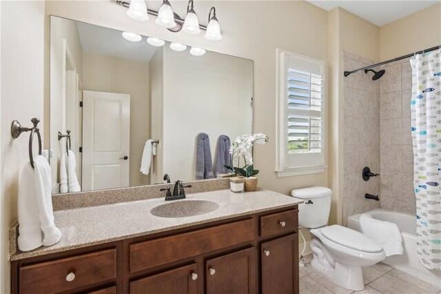 673 Dunbrody Dr, Milton, GA 30004 - bathroom featuring vanity, toilet, shower / bathtub combination with curtain, and tile patterned flooring