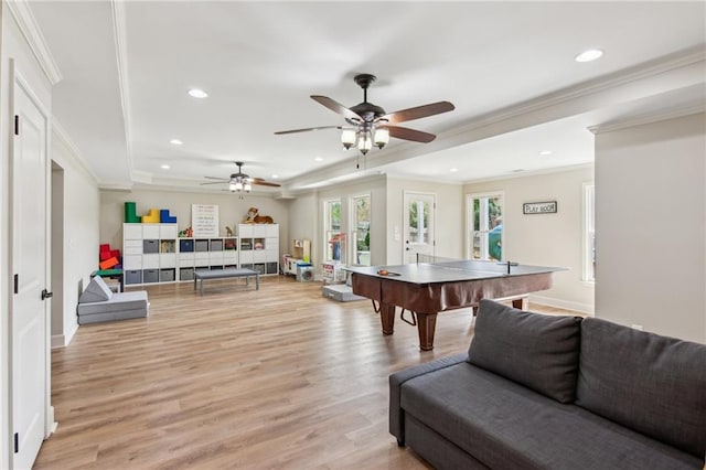 673 Dunbrody Dr, Milton, GA 30004 - game room with recessed lighting, crown molding, light wood-type flooring, ceiling fan, and baseboards