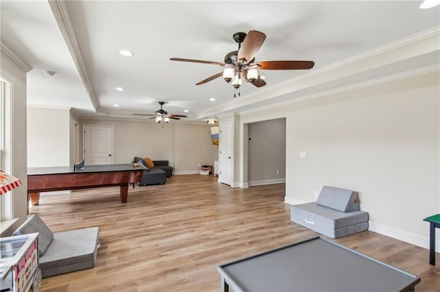673 Dunbrody Dr, Milton, GA 30004 - recreation room featuring ceiling fan, recessed lighting, baseboards, crown molding, and light wood-type flooring