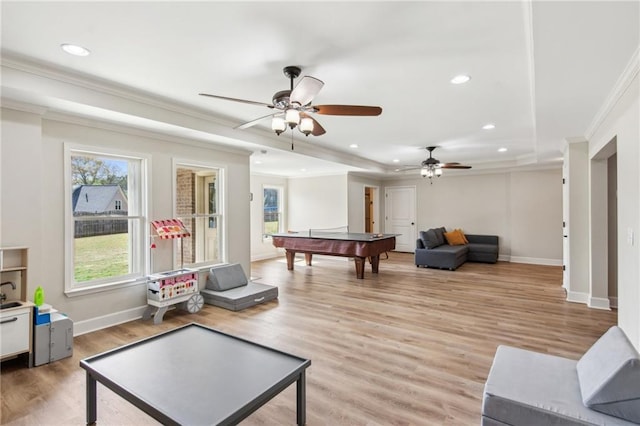 673 Dunbrody Dr, Milton, GA 30004 - living area featuring crown molding, recessed lighting, a ceiling fan, billiards, and light wood-type flooring