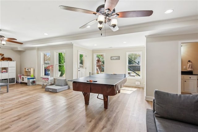 673 Dunbrody Dr, Milton, GA 30004 - game room featuring a ceiling fan, crown molding, light wood finished floors, baseboards, and recessed lighting
