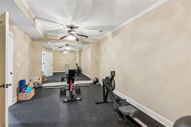 673 Dunbrody Dr, Milton, GA 30004 - exercise area with ceiling fan, baseboards, and ornamental molding