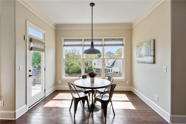 673 Dunbrody Dr, Milton, GA 30004 - dining room with dark wood-type flooring, baseboards, and ornamental molding