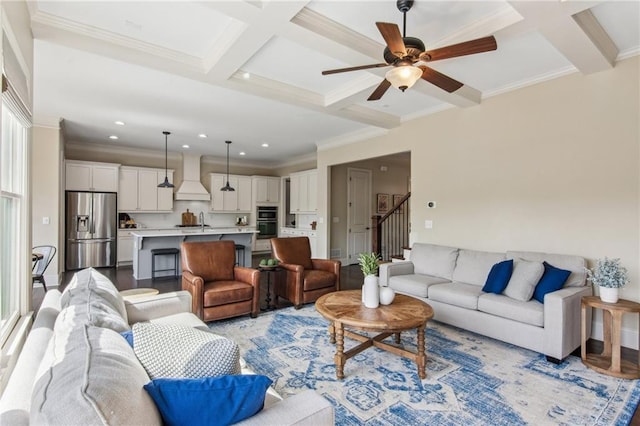673 Dunbrody Dr, Milton, GA 30004 - living room featuring coffered ceiling, beamed ceiling, ceiling fan, ornamental molding, and recessed lighting