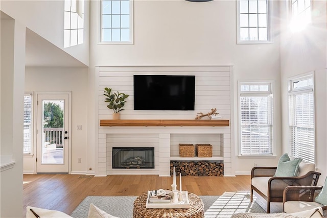 living room featuring wood finished floors, a high ceiling, a fireplace, and baseboards