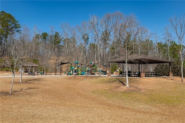 community playground with a gazebo and a lawn