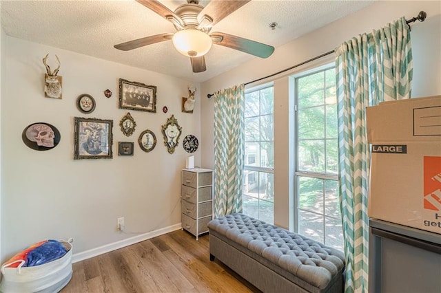215 Cobblestone Trl, Avondale Estates, GA 30002 - living area with wood finished floors, a textured ceiling, baseboards, and a ceiling fan
