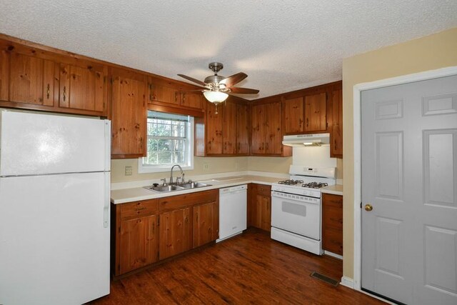 kitchen with ceiling fan, dark wood-type flooring, sink, a textured ceiling, and white appliances