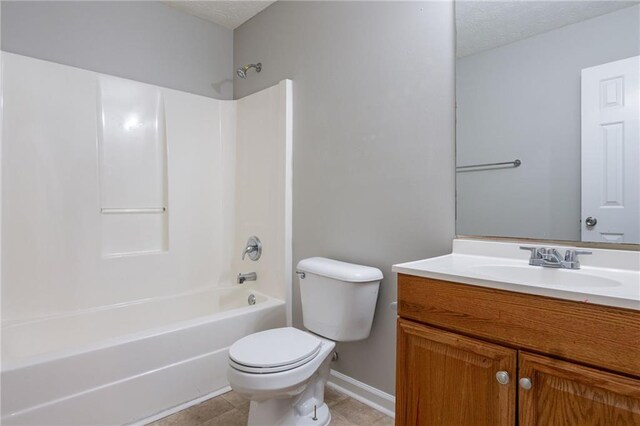 full bathroom featuring vanity, shower / tub combination, tile patterned flooring, toilet, and a textured ceiling