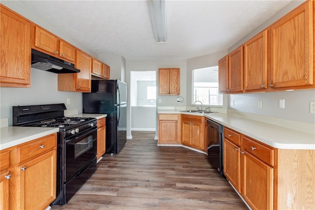 kitchen featuring sink, dark wood-type flooring, and black appliances